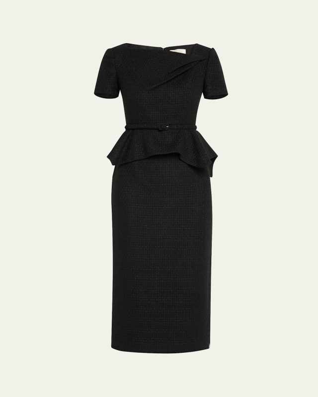 Asymmetric Twist Boucle Belted Peplum Midi Dress